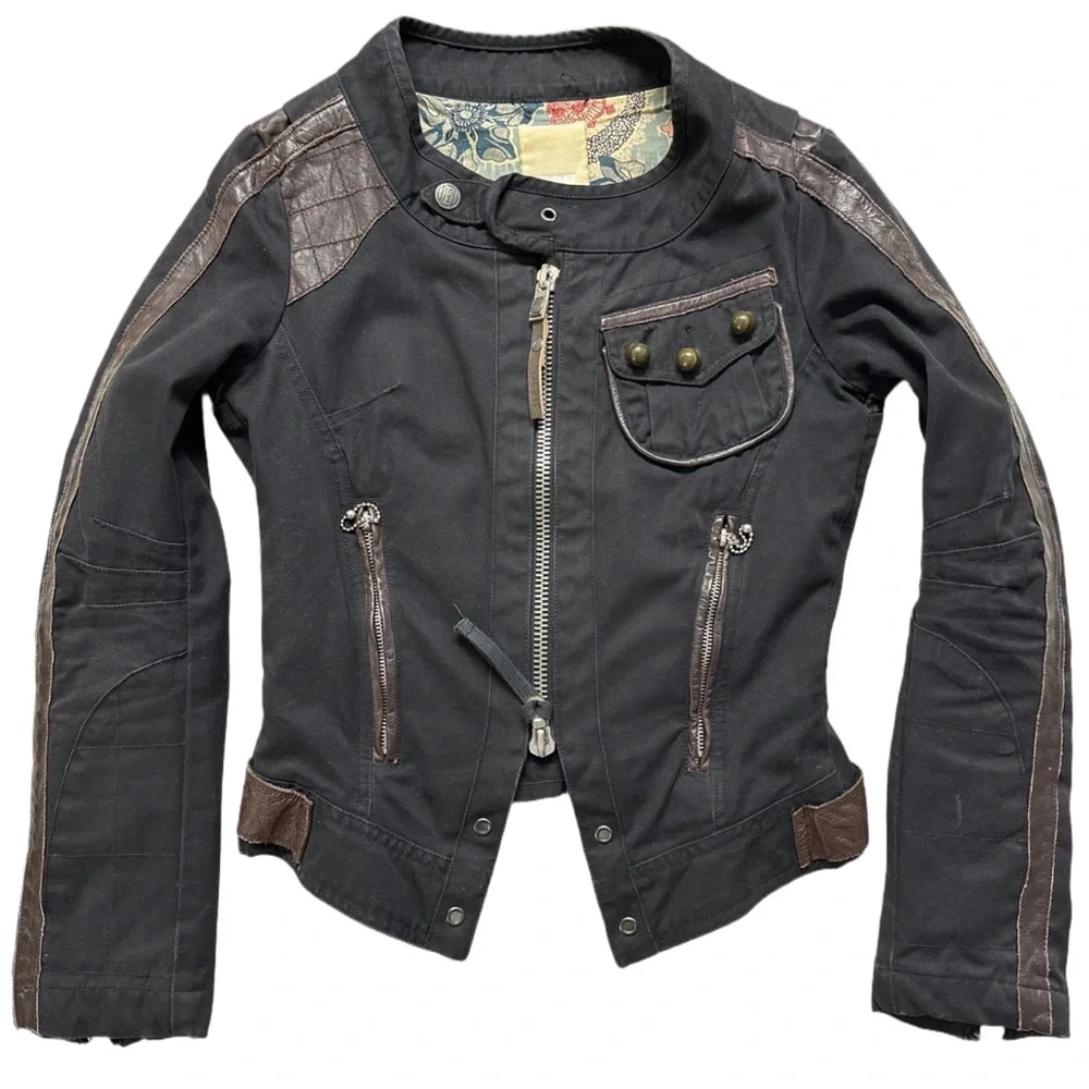 Y2K DIESEL rare black slim fitted nightriders leather trim jacket, S. - Picture 3 of 8